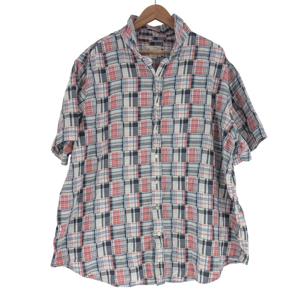 True Nation Mens 2XL‎ Red Blue White Patchwork Plaid Short Sleeve Button Down